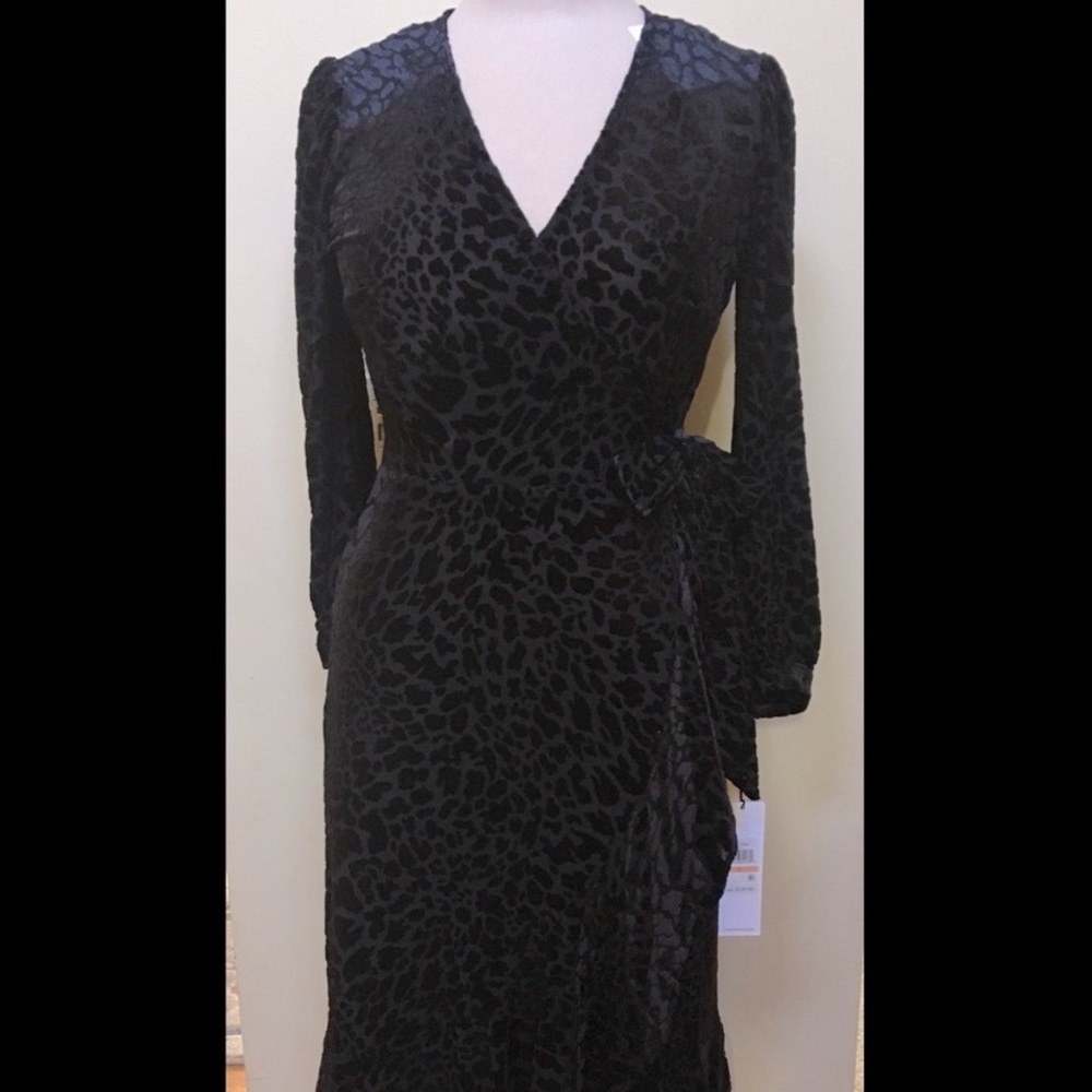 NWT CALVIN KLEIN - Black Velvet Leopard print Faux Wrap Flounce Dress sz 2 - Picture 4 of 15